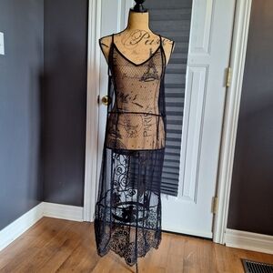 Elegant Black Lace Sheer Slip With Stretch Size Large